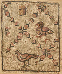 A BYZANTINE MARBLE MOSAIC PANEL WITH BIRDS IN A FLORAL LATTICE