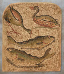 A BYZANTINE MARBLE MOSAIC PANEL WITH TWO FISH, A DUCK AND A BIRD