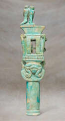 AN EGYPTIAN FAIENCE AND BRONZE SISTRUM