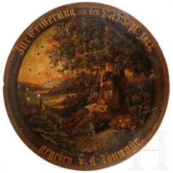 Große Schießscheibe mit rastendem Jäger, deutsch, datiert 1877