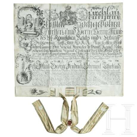 Große Zeugnisurkunde über Gärtnertätigkeit in Niederschlesien, Pergament, 1777 - Foto 1