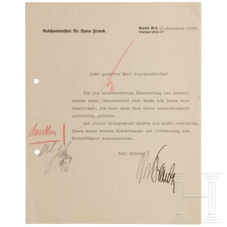 Reichsminister Hans Frank - signiertes Schreiben, vermutlich an Staatssekretär Otto Wächter, 1938 - Foto 1