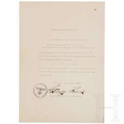 Albert Speer - Besitzurkunde für eine "Prunkscheibe mit dem Wappen des Michael Speer von Regensburg", Unterschrift von Ludwig Siebert, bayerischer Ministerpräsident, März 1940