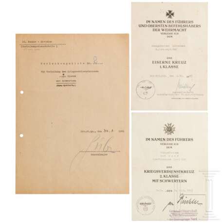Zwei Verleihungsurkunden sowie Verleihungsliste mit Unterschriften von GFM von Küchler, Gen.Lt. Weidling und Gen.Major Hube - photo 1