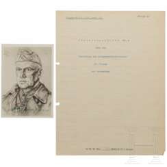 General der Panzertruppe Ludwig Crüwell - signierte Verleihungsliste zum KVK 2. Kl. m. S. und signierte Willrich-Postkarte, um 1942