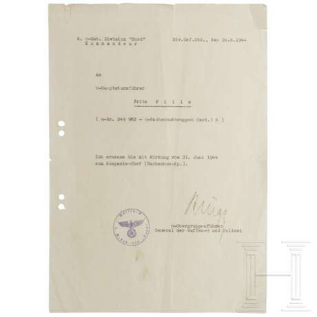 SS-OGruf. Friedrich-Wilhelm Krüger (1894 - 1945) - signiertes Ernennungsdokument für Hstuf. Fritz Pille vom 20.6.1944 - фото 1
