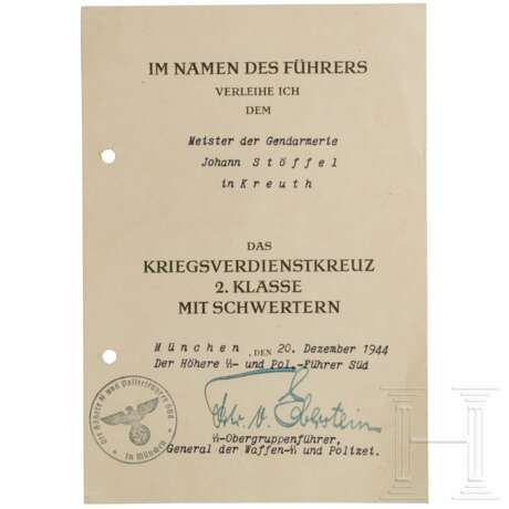 SS-OGruf. Friedrich Karl Frhr. von Eberstein - signierte Verleihungsurkunde zum KVK II m. S. vom 20.12.1944 - photo 1
