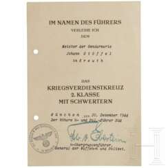 SS-OGruf. Friedrich Karl Frhr. von Eberstein - signierte Verleihungsurkunde zum KVK II m. S. vom 20.12.1944