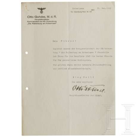 Otto Gohdes (1896 - 1945) - signierter Neujahrsbrief an Hitler des Kommandanten der NS-Ordensburg Krössinsee, 1942/43 - фото 1