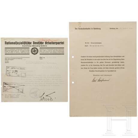 Gauleiter Karl Kaufmann und Hinrich Lohse - zwei signierte Schreiben, 1938 bzw. 1940 - photo 1