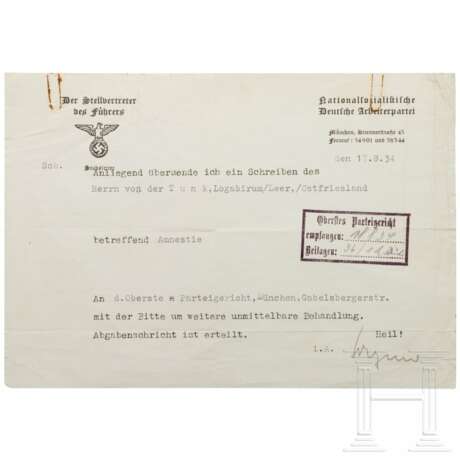 Reichsamtsleiter Paul Wegener - signiertes Schreiben, 1934 - Foto 1