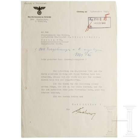 Gauleiter Otto Telschow - signierter Brief an Wilhelm Ziegelmayer, 1940 - Foto 1