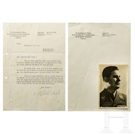 Baldur von Schirach - signierte Portraitpostkarte, signierter Brief, datiert 1940, sowie Blanko-Briefpapier - фото 1