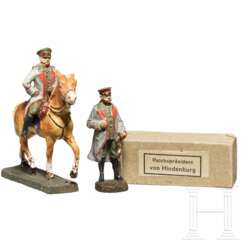 Zwei Elastolin Hindenburg-Figuren, stehend mit Originalkarton und zu Pferd