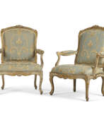 Николя Эрто. A PAIR OF LATE LOUIS XV GREY-PAINTED AND PARCEL-GILT FAUTEUILS A LA REINE