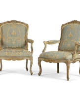 A PAIR OF LATE LOUIS XV GREY-PAINTED AND PARCEL-GILT FAUTEUILS A LA REINE