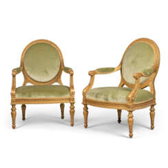 A PAIR OF LOUIS XVI-STYLE GILTWOOD FAUTEUILS
