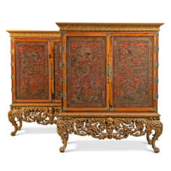 A PAIR OF ENGLISH PADOUK, CHINESE RED LACQUER AND JAPANNED CABINETS ON GILTWOOD STANDS