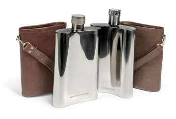TWO OVERSIZED PEWTER HIP FLASKS