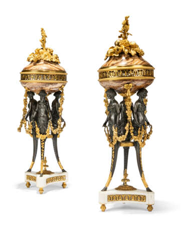 A PAIR OF LOUIS XVI ORMOLU-MOUNTED, PATINATED-BRONZE AND ALABASTRO FIORITO BRULE-PARFUMS - фото 1