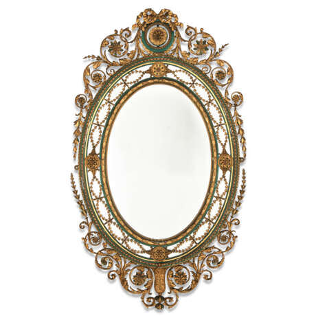A VICTORIAN ADAM REVIVAL GREEN-PAINTED AND PARCEL-GILT COMPOSITION MIRROR - фото 1