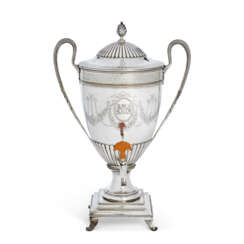 A GEORGE III SILVER TWO-HANDLED TEA-URN AND COVER