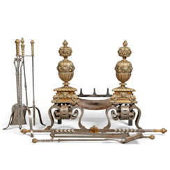 A PAIR OF LARGE BRONZE, POLISHED STEEL AND CAST IRON ANDIRONS