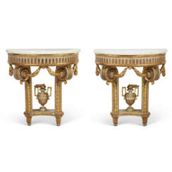 A PAIR OF NORTH EUROPEAN GREY-PAINTED AND PARCEL-GILT CONSOLES