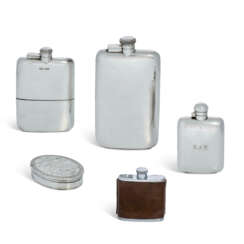 A GEORGE III SNUFF BOX AND THREE VARIOUS SILVER SPIRIT FLASKS