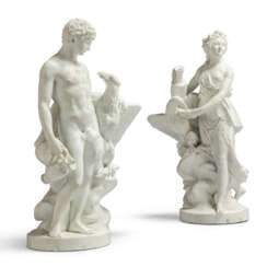 A PAIR OF SEVRES BISCUIT PORCELAIN FIGURES OF HEBE AND GANYMEDE