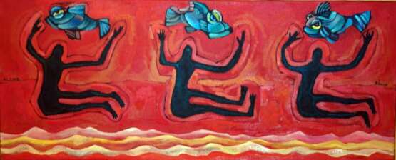 “Three fish” Canvas Oil paint Expressionist Animalistic 2002 - photo 1