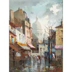 PAINTER/IN 20th century, "Parisian street scene with a view of Sacre Coeur",