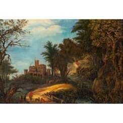 PAINTER/IN 18th/19th century, "Hunters and herdsmen in ideal landscape with castle",