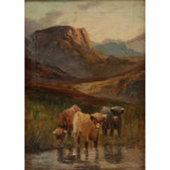 OSWALD, CHARLES W. (19th-20th c.) "Scottish Landscape with Three Highland Cattle".
