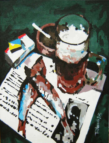 “And then he drank beer...” Cardboard Acrylic paint Expressionist Everyday life 2007 - photo 1