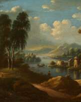 Flusslandschaft mit Ruinen und Personen
