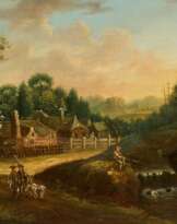 Dorflandschaft mit Angler und Reisenden