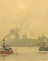 Rheinschlepper vor der Düsseldorfer Altstadt