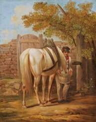 Stable Boy with White Horse at the Trough