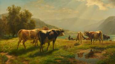 Hütejunge mit seiner Herde oberhalb eines Bergsees