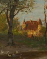 Bachlauf mit Enten vor einem Schloss