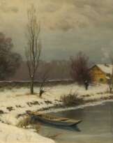 Winterlandschaft mit Nachen im Wasser