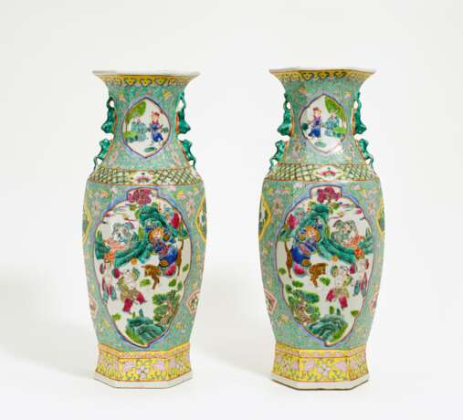 Pair of large hexagonal vases with figurative depiction - photo 1