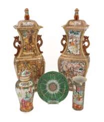Pair of canton-style baluster vases with figural décor