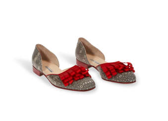 A pair of reptile skin and red silk embellished evening shoes