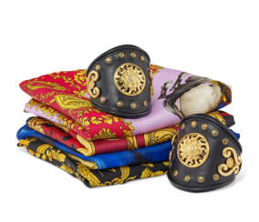 A GROUP OF FOUR SILK SCARVES AND TWO LEATHER AND GILT-METAL LEATHER CUFF BRACELETS