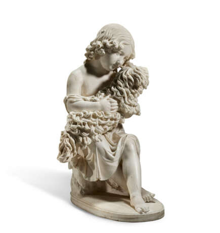 A WHITE MARBLE GROUP OF YOUNG GIRL, PROBABLY MISS DAMES EMBRACING A MALTESE DOG - фото 2