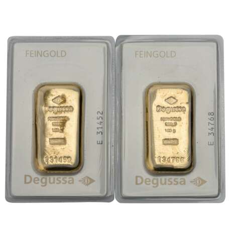 2 x 100 grams gold bars, cast form, manufacturer Degussa, - photo 1