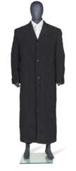 A BLACK TREATED WOOL LONG COAT