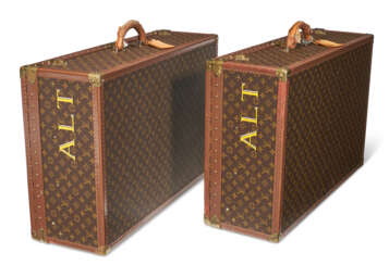 A PAIR OF PERSONALIZED BROWN MONOGRAM CANVAS HARDSIDED ALZER 80 SUITCASES